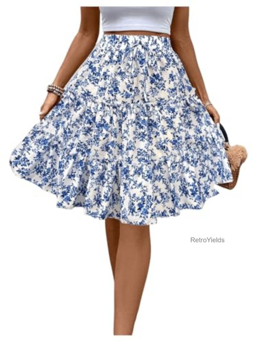 Women's Floral Boho Ruffle Knee-Length Summer Skirt Elastic High Waist Tiered